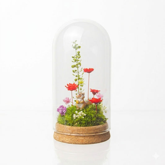 《母の日おすすめ》ピンクレッド_プチ・てのリウム ：リス[φ50mm]クリアボックス入り