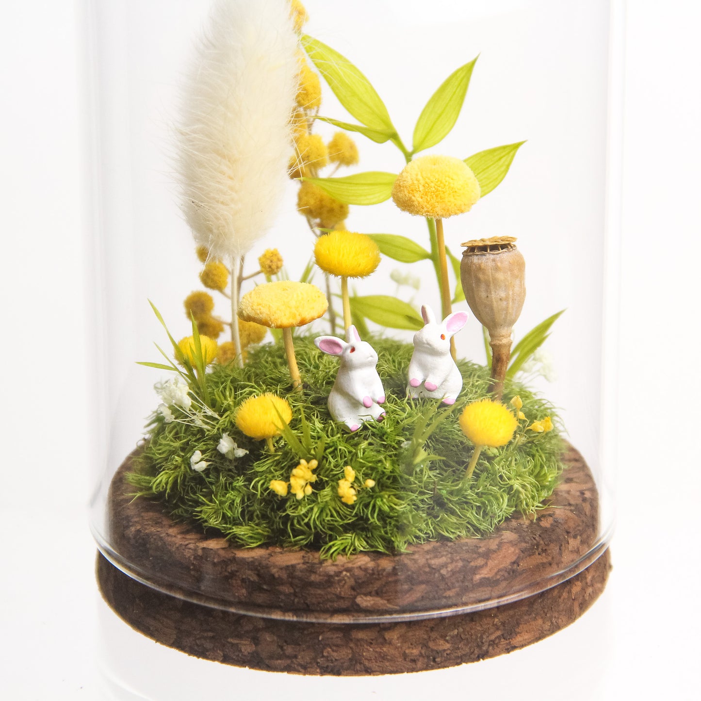 ウサギ２匹_ミモザの小さな森 [φ75mm]《プリザーブド苔テラリウム》
