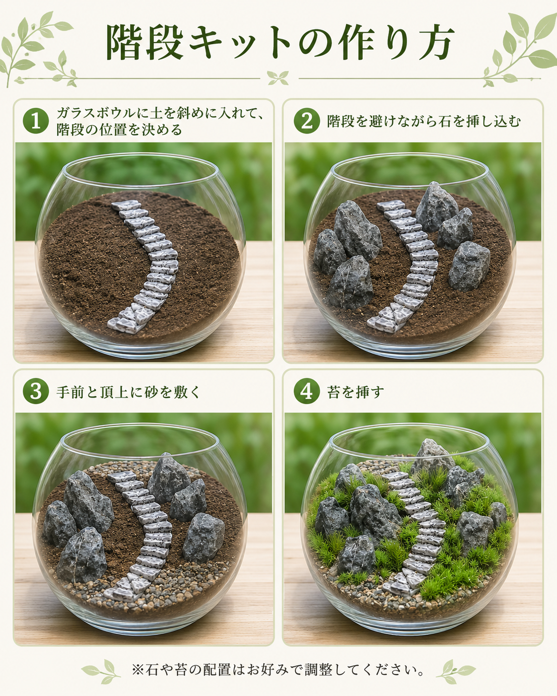 ＼階段フィギュアが4個／【階段の風景】苔テラリウム制作キット《ラッピング別》